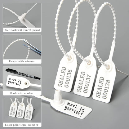 1000 Numbered Plastic Tamper Seals, Zip Ties for Fire Extinguishers Pull Tite Security Tags Disposable Self-Locking Signage - Label Tie 250mm Length (1000 PCS, White)