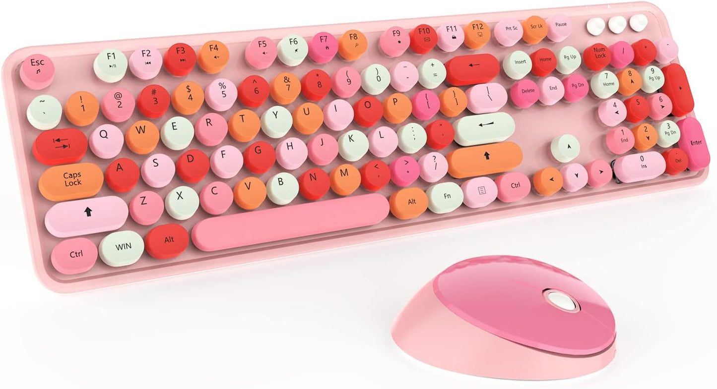 Cute Pink Wireless Keyboard and Mouse, 2.4G Retro Round Keycap for PC, Mac, Laptop, Tablet, Computer Windows