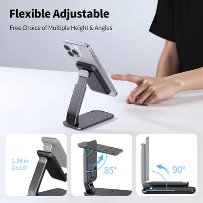 iWALK Magnetic Cell Phone Stand for Desk, Angle and Height Adjustable Mobile Phone Holder, Foldable Magnet Stand for iPhone 16 15 14 13 12 Pro Max and iPad, Cell Phone Holder for Samsung Galaxy, Black