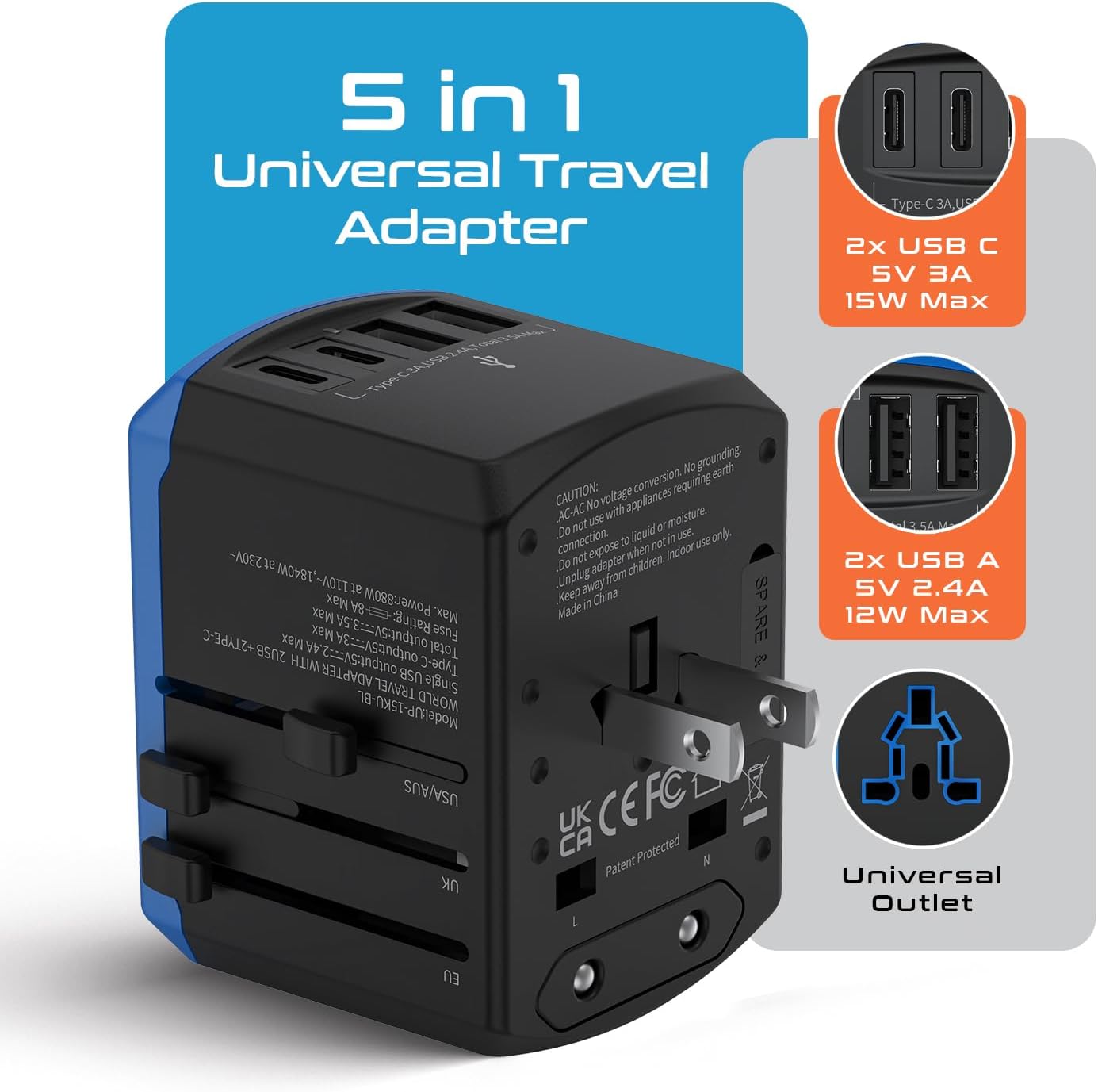 Ceptics Universal Travel Adapter, 5 in 1 Universal Laptop Charger with 2X USB-A & USB-C 3.5A for Mobiles, Laptops, Cameras US, UK, EU, AU, All in 1 Type A, C, G, I Output,
