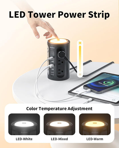 Power Strip Tower with Night Light, Power Strip Surge Protector with USB Ports, Extension Cord 10 FT with Multiple Outlets (12AC+3A+2C) for Home Office Desk DormRoom (Black)