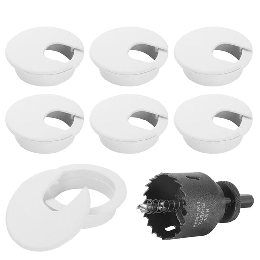 2" White Desk Grommet with Bi-Metal Hole Saw, JTemgle Plastic Cable Hole Cover Computer Table Cord Wire Organizer Caps, Desktop Cord Management for Home Office TV Stands Tabletops, 7 Pieces