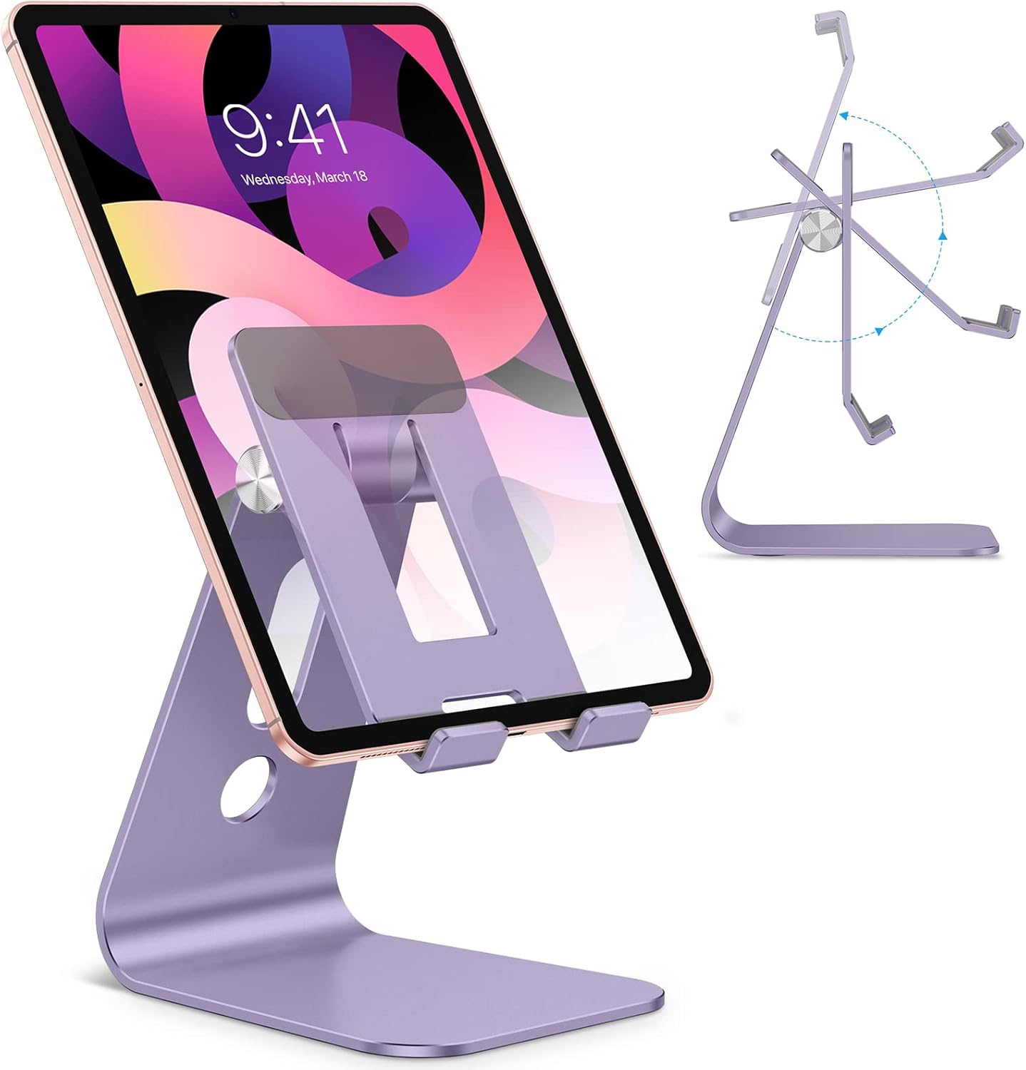 OMOTON Adjustable Tablet Stand for Desk, Upgraded Longer Arms for Greater Stability, T2 Tablet Holder with Hollow Design for Bigger Sized Phones and Tablets Such as iPad Pro/Air/Mini, Purple