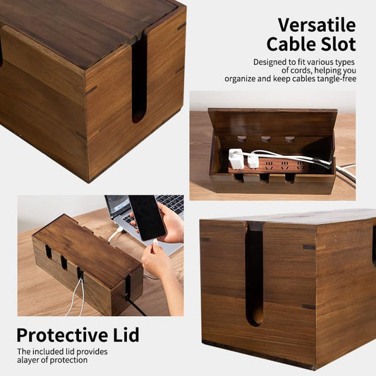 Large Cable Management Box, Wooden Cord Hider Desk Organizer, Power Strip and Cord Hider Box, Surge Protector Floor Cable Organizer, for Desktop Home Office Kitchen