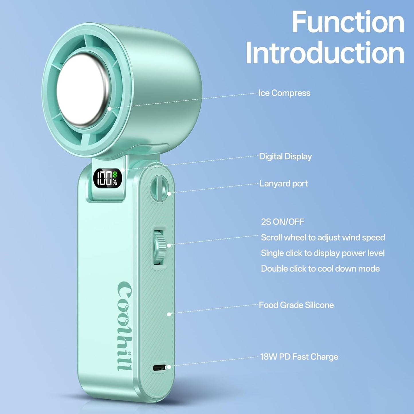 Handheld Portable Fan with Ice Cooler: 100-Speed 5500mAh Rechargeable Handheld Fan, 12H Time Hand Cooling Personal Fans with 20000 RPM Air Turbo Tech for Travel Outdoor (Green)