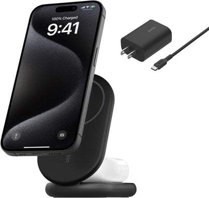Belkin MagSafe-Compatible Charger, 2-in-1 Magnetic Foldable Charger 15W - Qi2-Certified Wireless Charging for Apple iPhone 16, Apple Watch, Samsung Galaxy S25 w/Non-Slip Base, PSU Included - Black