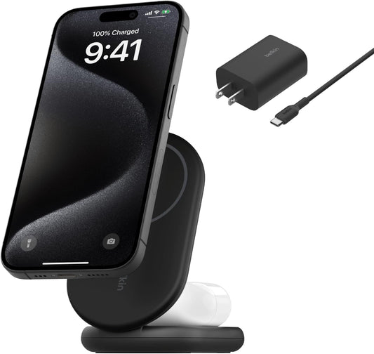 Belkin MagSafe-Compatible Charger, 2-in-1 Magnetic Foldable Charger 15W - Qi2-Certified Wireless Charging for Apple iPhone 16, Apple Watch, Samsung Galaxy S25 w/Non-Slip Base, PSU Included - Black