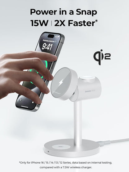 MagFusion 3-in-1 Charging Station Compatible with MagSafe, Qi2 Certified 15W Wireless Charger Stand, Magnetic Charger for iPhone 16/15/14/13/12, Apple Watch, AirPods, Silver