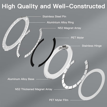 COOLQO Upgraded Magnetic Phone Ring Holder Stand, Super Magnet Cell Phone Grip Finger Kickstand Compatible with MagSafe Mag Safe Accessory for iPhone All Smartphones (1-Glitter Silver)