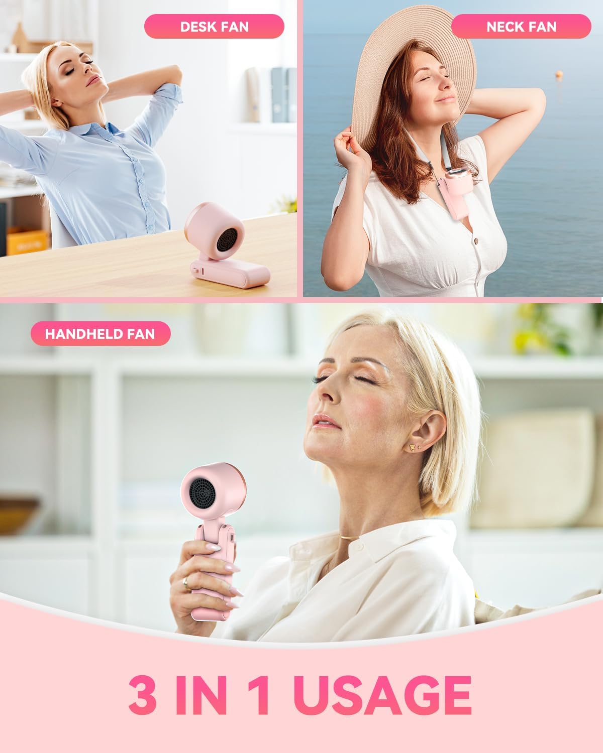 Portable Handheld Turbo Fan, 5-Speed Personal Fans, 5000mAh Rechargeable Fans Up to 12 Hours, Weight only 0.6lb Small Fan, Hand/Neck/Desk Fan 3 IN 1, Beach Vacation Essentials(Pink)