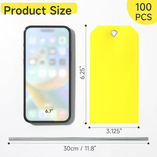 100 Pcs Waterproof Tags Writable Plastic Tags for Labeling Tag with Wire Tie Large Heavy Duty Tags Moving Tags Pipe Tags for Outdoors Car Garage Storage Box Equipment Parts (Yellow, 6 1/4" x 3 1/8")
