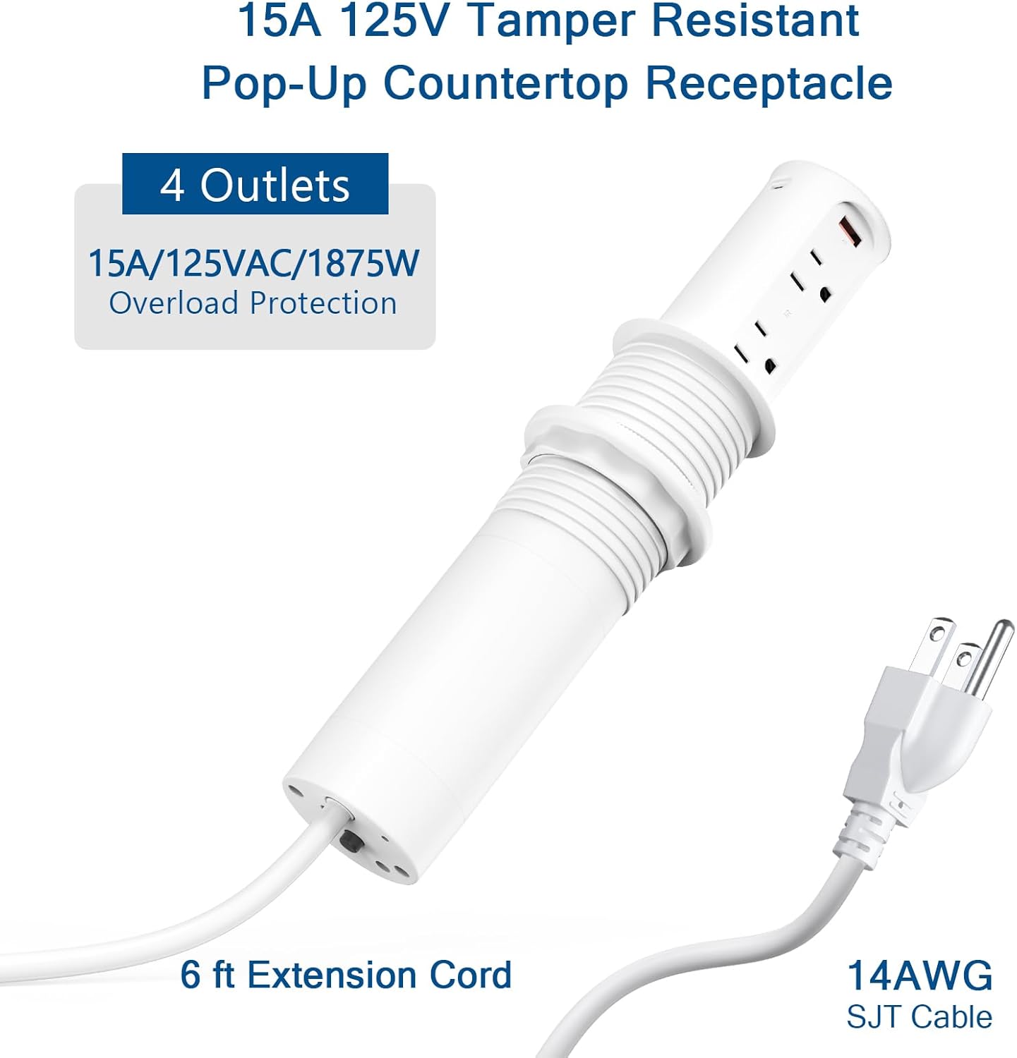 Pop up Outlet for Countertop,65W USB C Fast Charging Port,2.5-inch Hole Desktop Power Grommet,Recessed Power Strip,4 Outlets 4 USB Ports,15Amp Tamper Resistant Receptacle,ETL Listed (White)