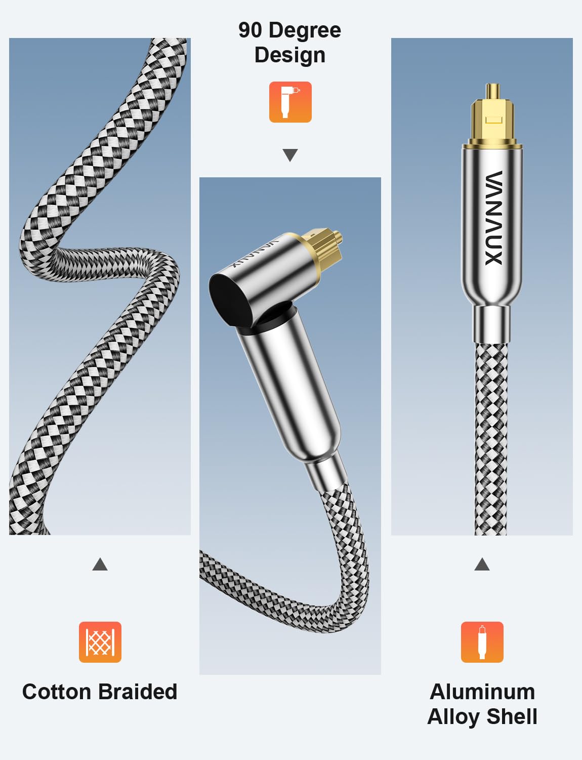 VANAUX 90-Degree Optical Audio Cable 3FT,Premium Fiber Optic Toslink Cable(24K Gold-Plated Connectors,Aluminum Alloy Shell,Braided Jacket)Ideal for Tight Spaces,Home Theater,Soundbars,Gaming Consoles