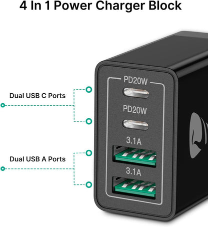 [2-Pack] USB C Wall Charger, Aiminu 40W Fast USB C Charger, 4-Port QC+PD 3.0 Power Adapter Double Fast Wall Plug Type C Charging Block for iPhone 15/14 Pro Max/13/12 mini/11/XS/XR,Tablet, Cube