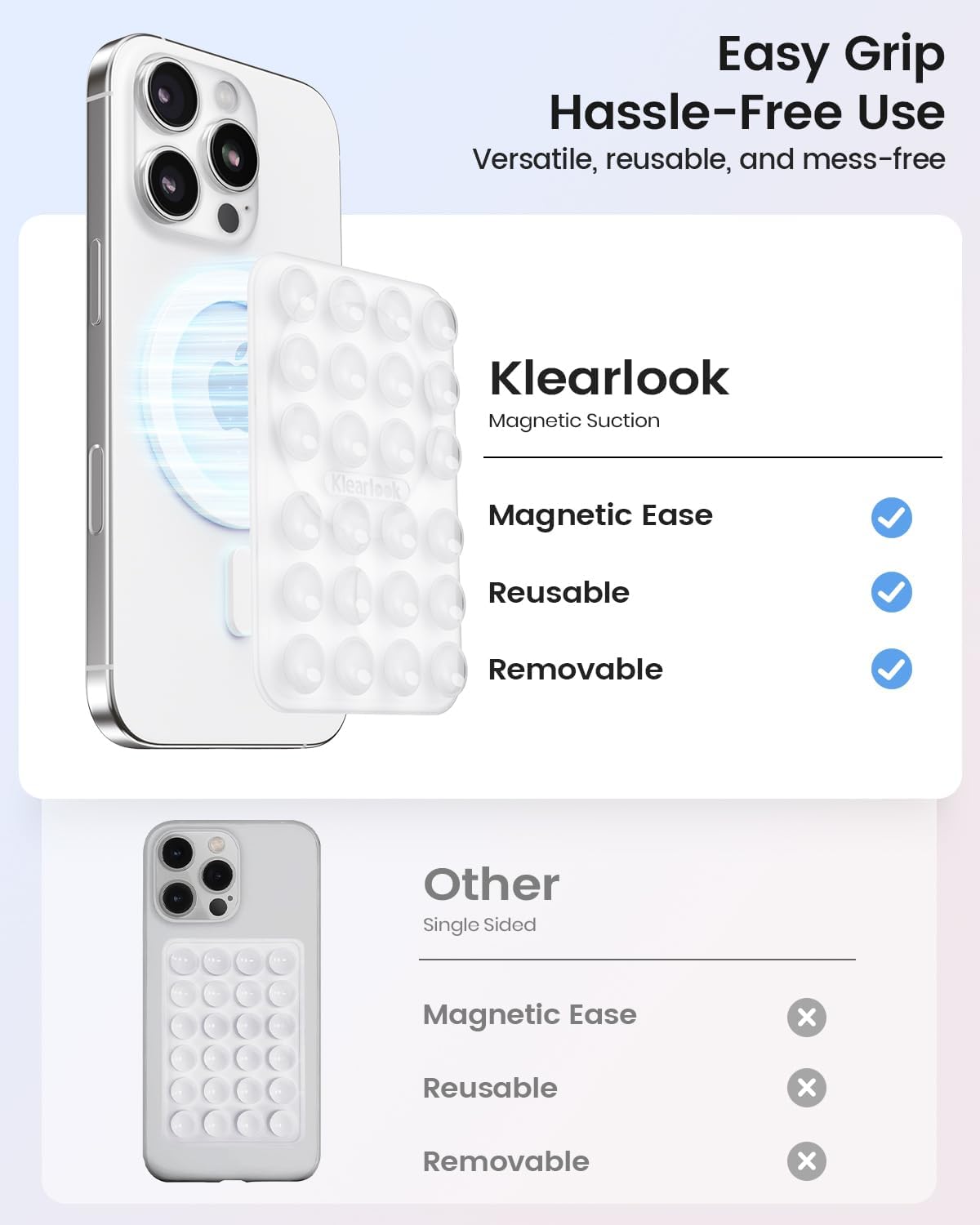 Klearlook Magnetic Suction Phone Mount for MagSafe Case, Removable Sticky Phone Grip Holder for Hands-Free Makeup/Selfie/Live Streaming/Vlog for TikTok & Instagram Influencer/Creator, Transparent