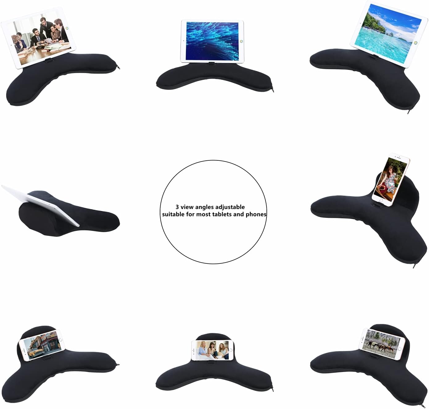 Multi-Angle Tablet Sofa Holder Pad Pillow Stand for iPad Air&iPad, Universal Phone&Tablet Pillow Stands and Holders Used on Bed, Car, Desk, Lap, Sofa, for iPads, Tablets, Smartphone, Magazines(Black)
