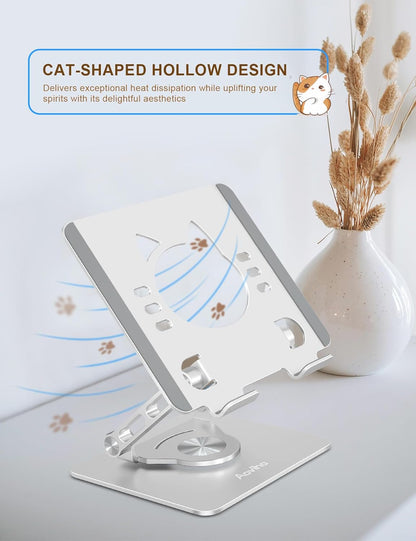 Tablet Stand 360° Rotating Aluminum Holder, Adjustable, Portable and Foldable Monitors Stand for iPads, Compatible with 4-12.9" Tablets, Silver