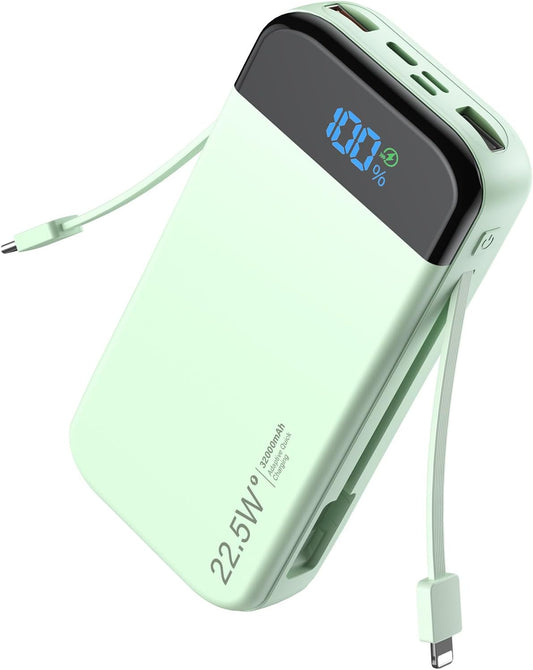Portable Charger Power Bank 32000mAh with Built in Cables, PD3.0 USB C Fast Phone Charger, 5 Outputs LCD Display Travel Battery Pack Compatible with iPhone, Samsung All Cell Phones (Green)