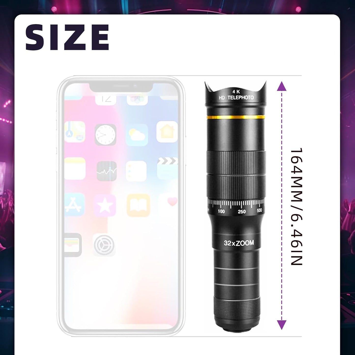 Phone Camera Lens Kit, 32X Long Focus Telephoto, Portable Clip-on HD Phone Zoom Telescope Lens, 0.63X Wide Angle Lens, 198° Fisheye Lens, with Universal Clip and Tripod, for Photo Videos