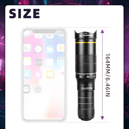 Phone Camera Lens Kit, 32X Long Focus Telephoto, Portable Clip-on HD Phone Zoom Telescope Lens, 0.63X Wide Angle Lens, 198° Fisheye Lens, with Universal Clip and Tripod, for Photo Videos