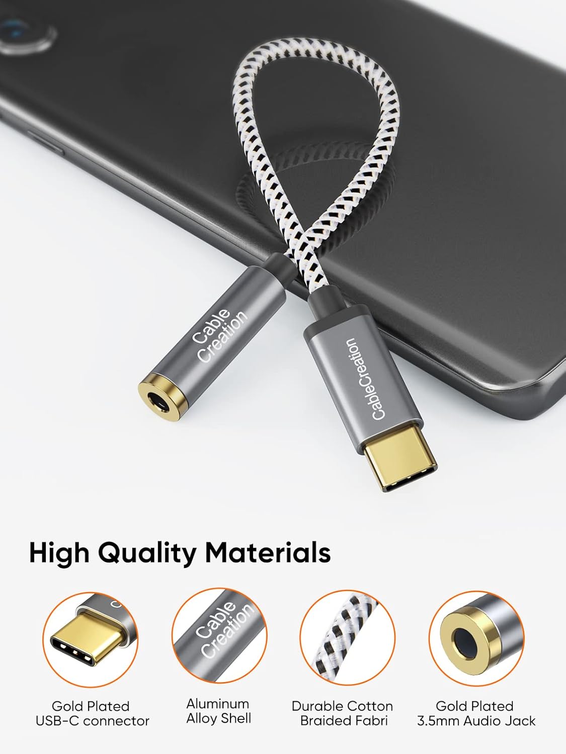 CableCreation USB C to 3.5mm Audio Adapter, Type C to Headphone Adapter, USB C to Aux 24bit/96kHz HiFi DAC Cable for iPhone 16 15 Pro Max/15 Pro/15 Plus, iPad, Galaxy S24 S23 Ultra, Pixel 9, 0.33 ft
