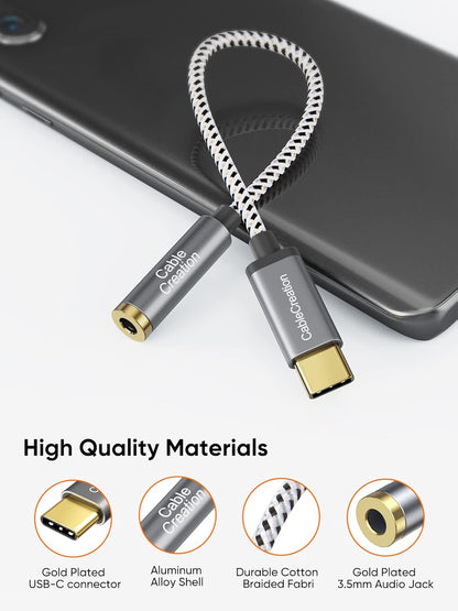 CableCreation USB C to 3.5mm Audio Adapter, Type C to Headphone Adapter, USB C to Aux 24bit/96kHz HiFi DAC Cable for iPhone 16 15 Pro Max/15 Pro/15 Plus, iPad, Galaxy S24 S23 Ultra, Pixel 9, 0.33 ft