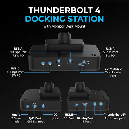 SABRENT Thunderbolt 4 Docking Station with Monitor Desk Mount, Gas-Lift Arm, 4 USB Ports, UHS-II Card Reader, Gigabit Ethernet, HDMI, DisplayPort, 8K/4K, VESA Mount for Monitors up to 32” (DS-T4WA)