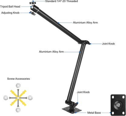 Articulating Camera Wall Moun with 1/4"-20 Threaded Compatible with DSLR/Security/Webcam/Action/LED Light/CCTV POV Camcorder Cameras,Adjustable Aluminium Alloy Arm Metal Base