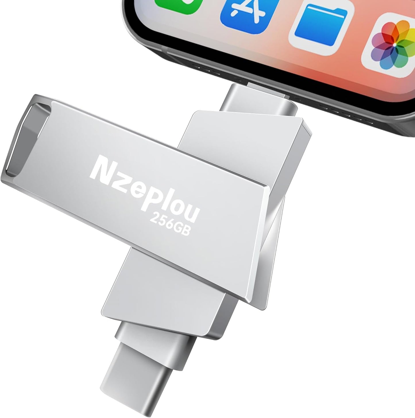 256GB Flash Drive for iPhone iPad, USB3.0 High-Speed Memory Stick No App Needed, Lightening & USB-C External Memory Storage for Photos Videos, Picture Backup Thumb Drive Plug & Play (Silver)