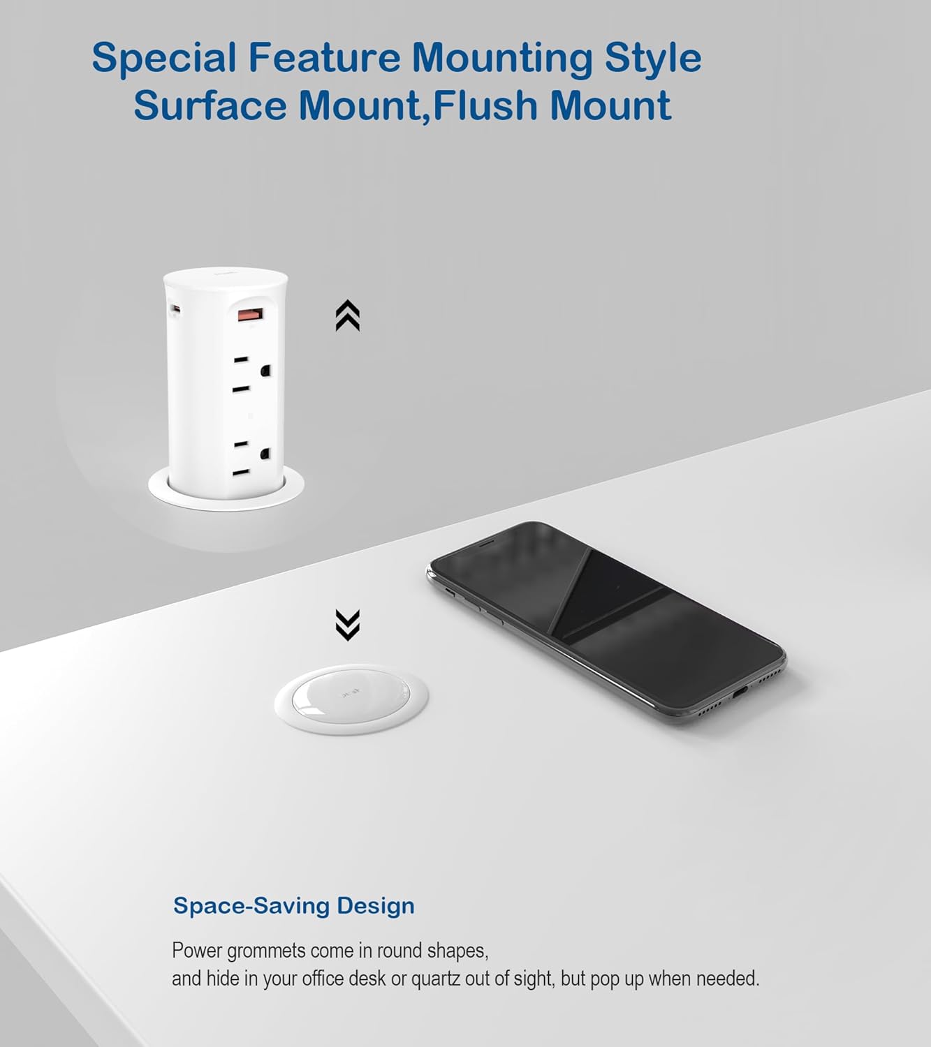 Pop up Outlet for Countertop,2.5-inch Hole Desktop Power Grommet,Recessed Power Strip,20W USB C Fast Charging,4 Outlets 4 USB Ports,15Amp Tamper Resistant Receptacle,White