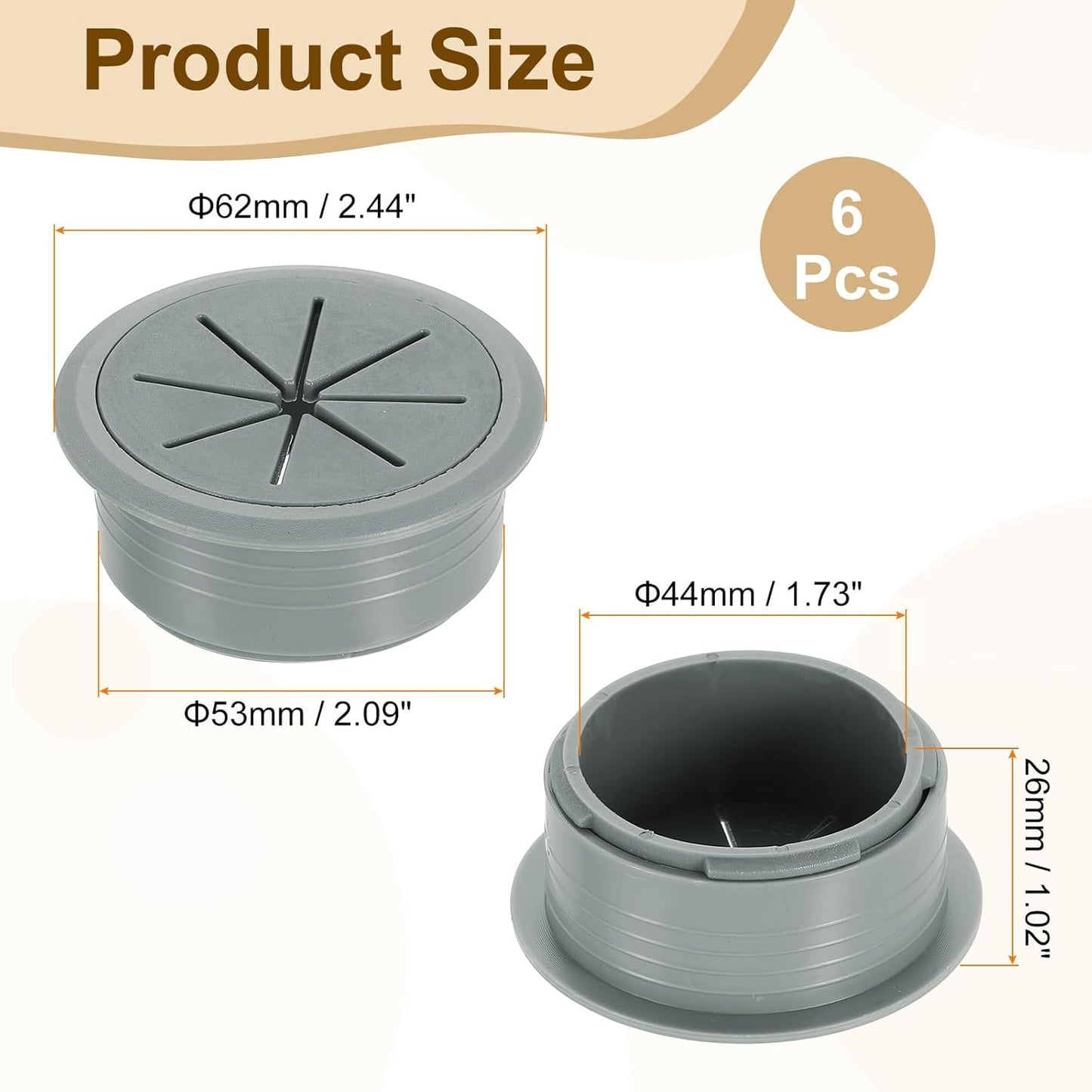 uxcell 6 Pcs Desk Grommet, Fit 53mm/2.09" Plastic Cable Hole Cover Bulk Top Hat Grommet Desk Hole Cover for Cables Home Office, Dark Gray