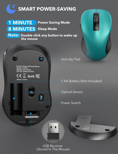 Trueque Wireless Mouse for Laptop, 2.4GHz Ergonomic Computer Mouse with Back & Forward Buttons,3 Adjustable DPI Levels, 6 Buttons, Optical USB Cordless Mice for Windows Chromebook MacBook PC (Teal)