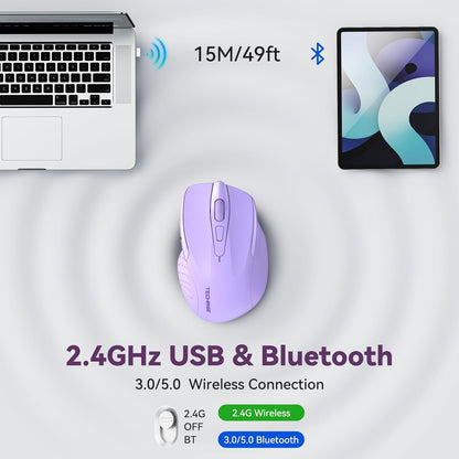 Bluetooth Mouse (BT5.0/3.0 & 2.4G) Rechargeable Wireless Mouse, 4800 DPI Optical Tracking, 6 Adjustable DPI, 2.4GHz with USB A Receiver, Quiet Clicks, Ergonomic Grips, 6 Buttons - Lavender