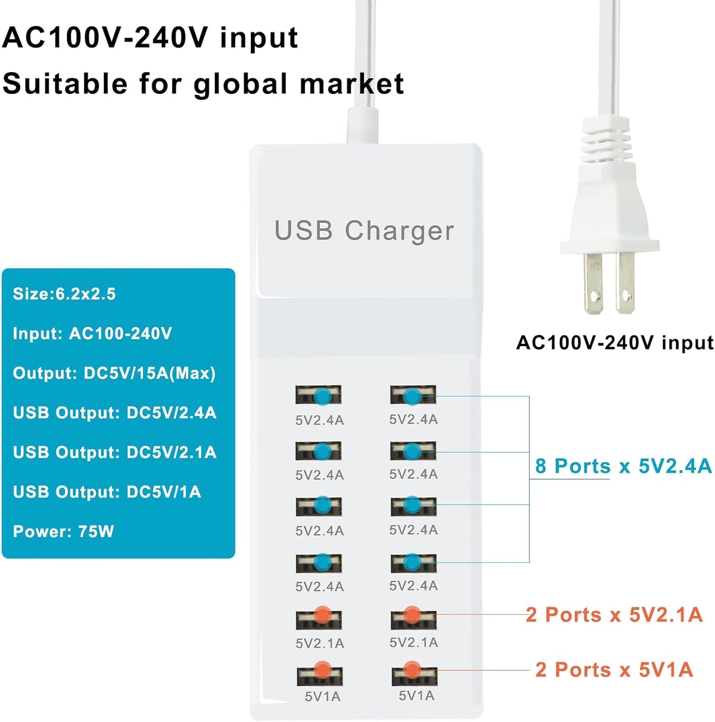 Multi Port USB Charging Station Wall Charger, Multi-Port Fast Charging Station, Compatible with iPhone, Android Phones, Tablets and Bluetooth Speakers - Compact for Home Office and Travel Use White