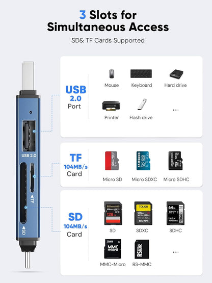 Dockteck SD Card Reader Adapter, 5G Super Speed USB3.0 SD/TF Card Reader, 3-Slot USB A/C to SD/Micro SD/USB A Memory Card Reader for UHS-I SD/Micro SD/SDHC/SDXC/MMC, with OTG for Plug&Play