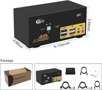 CKLau 2 Port USB 3.0 Triple Monitor KVM Switch HDMI 2.1 8K@60Hz 4K@144Hz with Audio and All Input Cable for 2 Computers 3 Monitors Supports Hotkey Switching