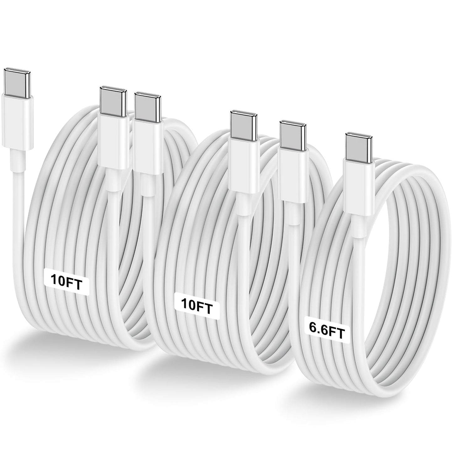 3-Pack [6.6FT+10FT+10FT] 60W USB C to USB C Cable, Type C to Type C Cable,Fast Charging Cable for iPhone 16 15 Pro Plus Pro Max，for Galaxy S24 S23 S22, for iPad Pro/Air, for MacBook Pro/Air and More
