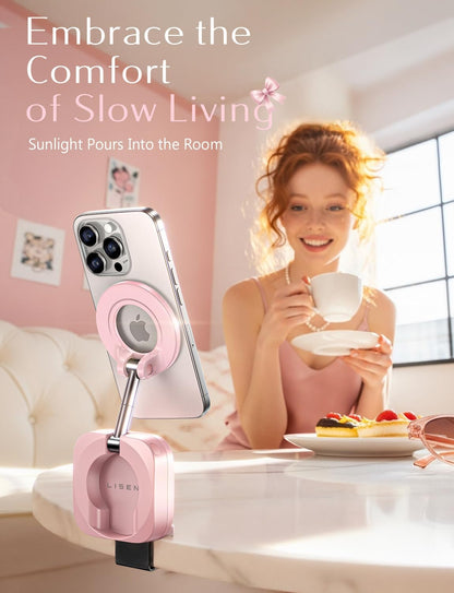 LISEN Airplane Phone Holder Travel Essentials for Women Long Flight Essentials Must Haves Handsfree for MagSafe Phone Stand Beach Vacation Cruise Essentials 2025 for iPhone 16 Pink