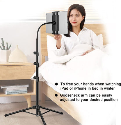 Ipad Tripod Stand, Gooseneck 65" Height Adjustable Floor Stand with 360° Rotating iPad Tripod Mount for iPhone,iPad pro,Kindle and All 4.5-12.9 Inch Tablet and Phone