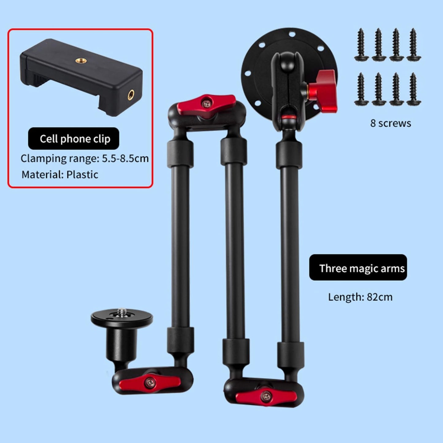Adjustable Mobile Phone Holder for Desk, Wall Mount and Ceiling Mount Bracket for Phone and Other Smartphones (Metal Base+82cm arms+Phone Clip)