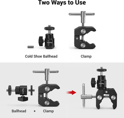 SmallRig Super Clamp Mount with Mini Ball Head Mount, Hot Shoe Adapter with 1/4 Screw for LCD Field Monitor, LED Lights, Flash, Microphone, for Gopro, for DJI Action 2, for Insta360