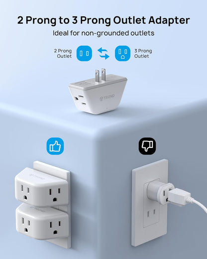 TROND 2 Prong to 3 Prong Outlet Adapter 2 Pack, 3-Way Angled Wall Extender with 3 AC Sockets, Plug Expander for Non-Grounded Outlets in Old House, Cruise Ship Essentials, White