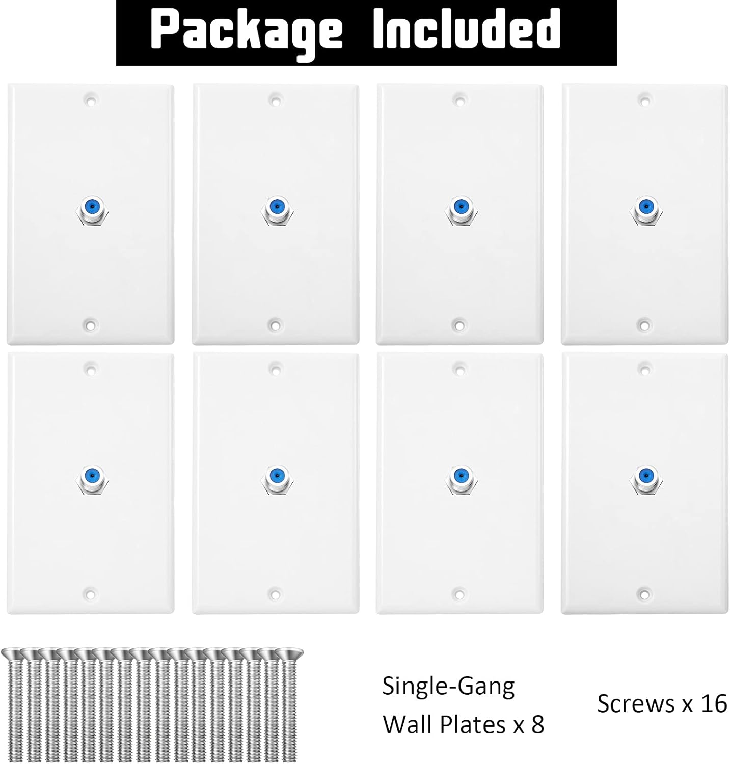 Weewooday 8-Pack White Single Gang F Connector Coax Wall Plates (Blue, 1-Port)