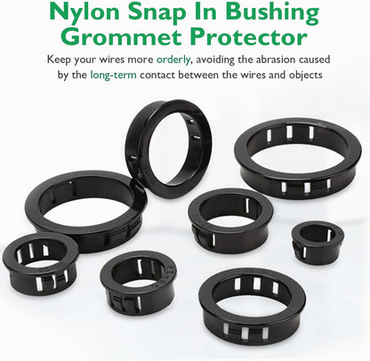225 Pcs 8 Sizes Cable Snap-in Knockout Insulating Bushing Grommets Assortment Kit, 5/16, 3/8, 1/2, 5/8, 11/16, 3/4, 7/8, 1 Black Nylon Plastic Hole Grommets for Wiring, Cord Hose & Tubing