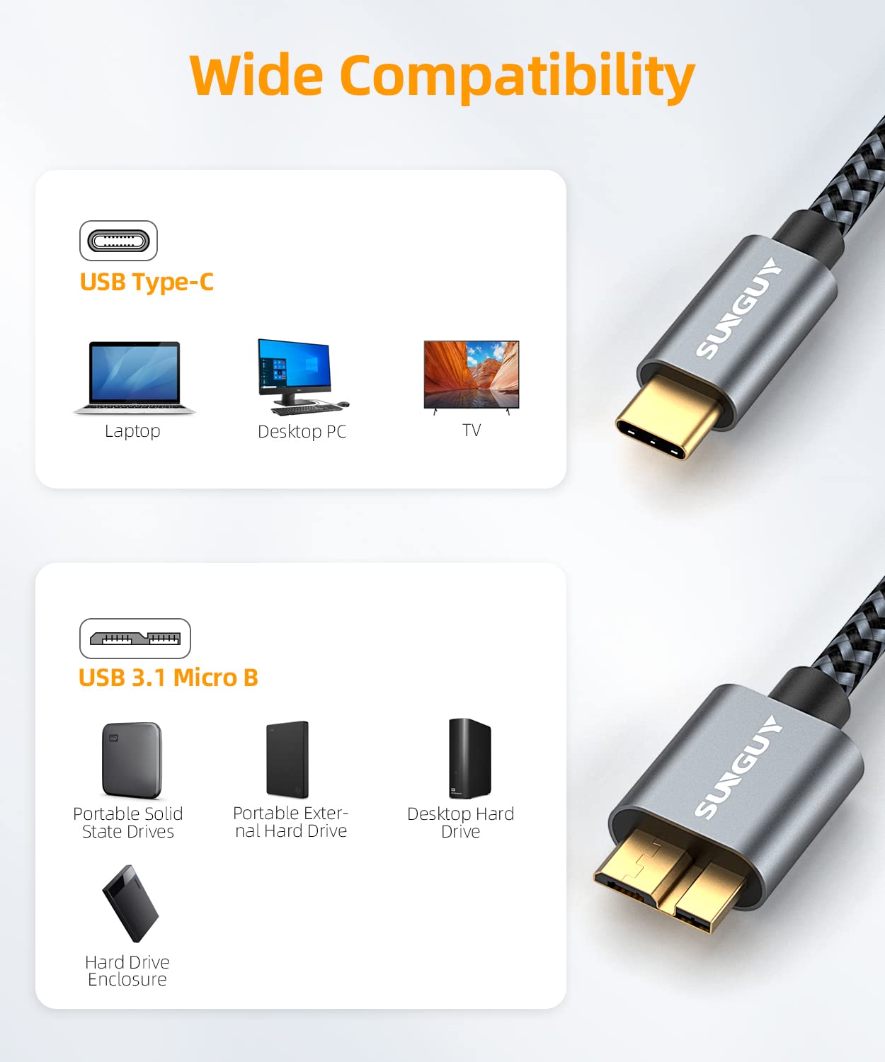 SUNGUY 10Gbps Micro B to USB C Hard Drive Cable 1FT, USB 3.1 USB C to Micro B, High-Speed External Hard Drive USB C Cable for iPhone 16 15 Pro/Pro Max, MacBook Pro/Air, WD Toshiba Westgate Seagate