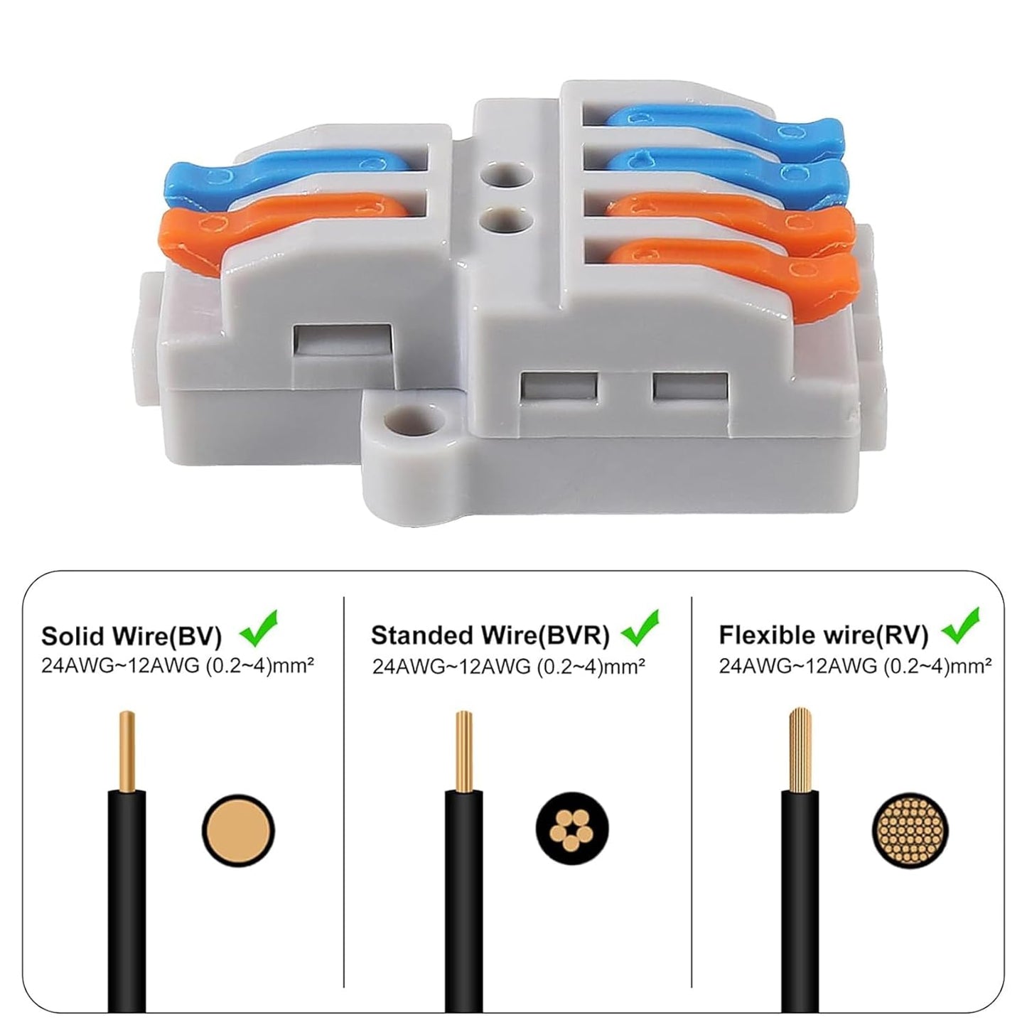 10PCS Lever Wire Connectors, Quick Wiring Cable Connectors, Compact Push-in Conductor Terminal Block(10PCS 2 in 4 Out)