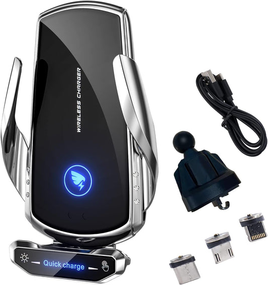 Wireless Car Charger Mount Automotive Electric Induction 15W Fast Charging Auto Clamping Car Phone Holder Mount Wireless Charging Mount Air Vent Phone Holde Compatible with All Android (Silver)