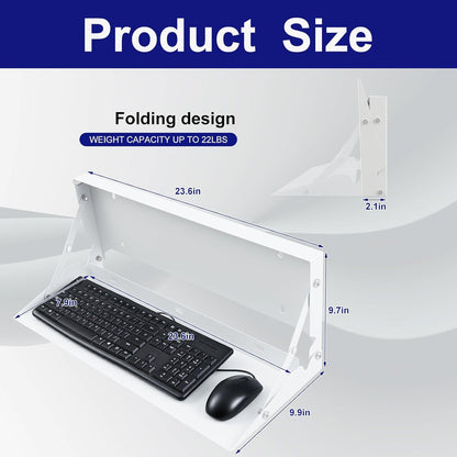 1 Pcs 24 Inch Keyboard Wall Mount Foldable Fits Standard Computer Keyboard Mouse Stand Tray Organizer for Small Offices Apartments, Easy Installation with 4 Screws (White)