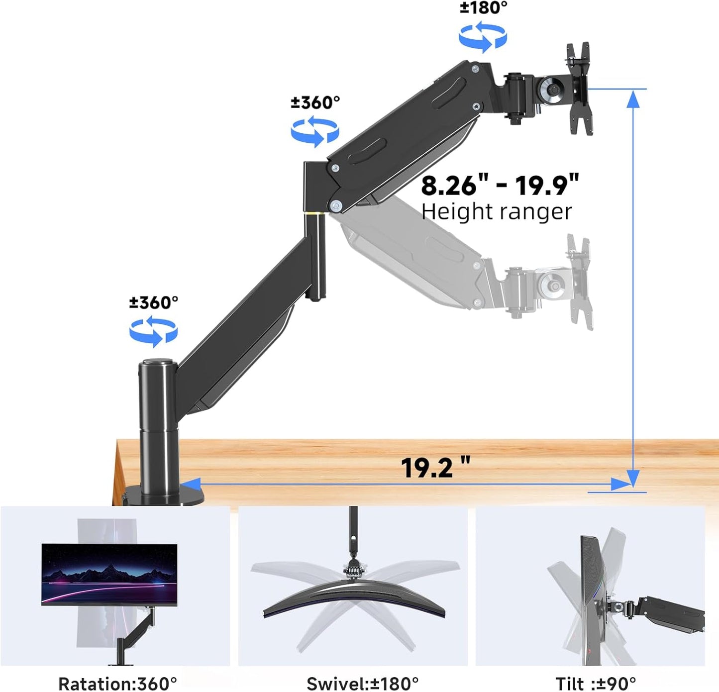 Pholiten Premium Aluminum Heavy Duty Monitor Arm，Ultrawide Monitor Arm,Full Motion Single Computer Mount for Computer Screens up to 49 inchs and 46.2lbs,Adjustable Clamp and Grommet Vesa Mount.