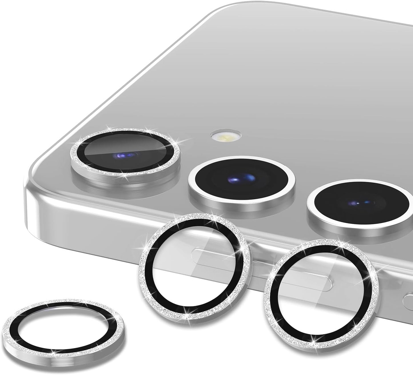 for Samsung Galaxy S25 Camera Lens Protector, Individual Metal Ring Tempered Glass Lens Cover, [Strong Adsorption] Scratch Resistant Ultra-Thin HD Clear Lens Cover, 1 Set-Silvery Sparkly